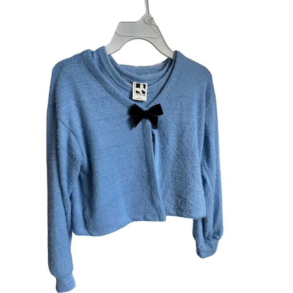 Self Esteem Girls Blue Fuzzy Sweater Top Tank Set Black Bow - Medium NWT